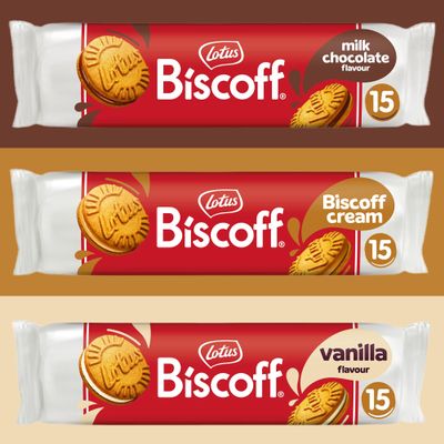 Lotus Biscoff Cream Biscuits 3 Packs - Biscoff Cream, Milk Chocolate, Vanilla Flavour. Every Lotus Biscoff Biscuit is Vegan, Halal and Kosher. Lotus Biscuits Multipacks.