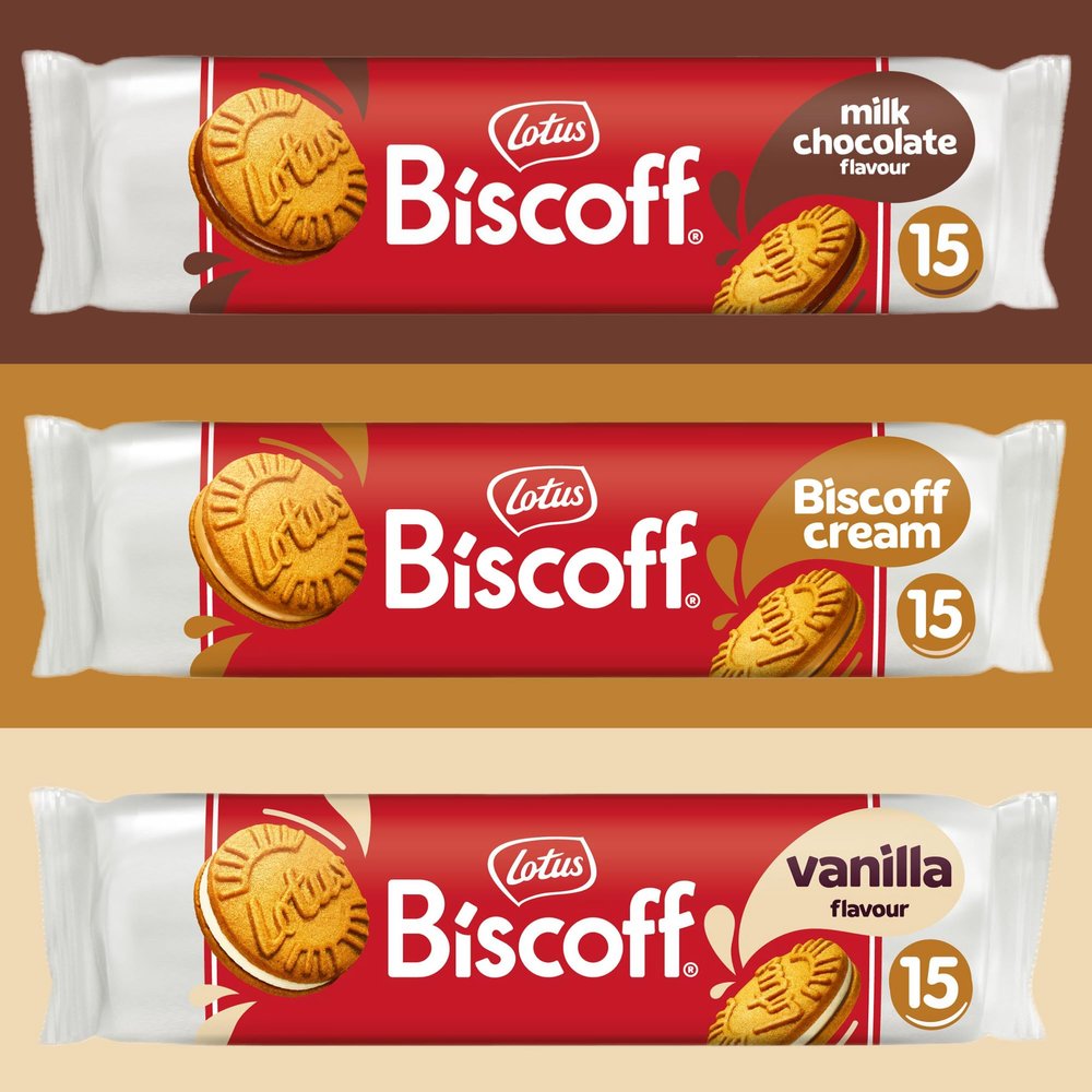 Lotus Biscoff Cream Biscuits 3 Packs - Biscoff Cream, Milk Chocolate, Vanilla Flavour. Every Lotus Biscoff Biscuit is Vegan, Halal and Kosher. Lotus Biscuits Multipacks.