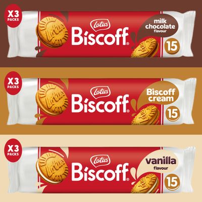 Lotus Biscoff Cream Biscuits 9 Packs - Biscoff Cream x3, Milk Chocolate x3, Vanilla Flavour x3. Lotus Biscuits Multipacks.