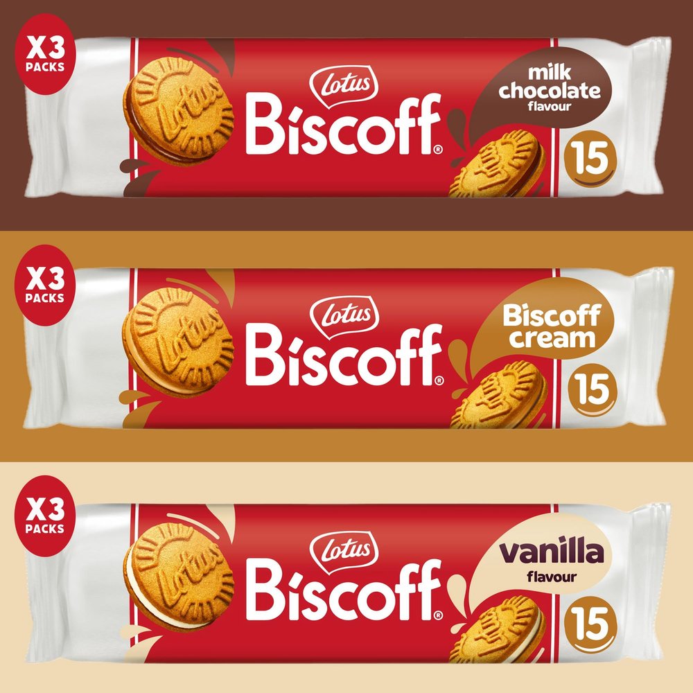 Lotus Biscoff Cream Biscuits 9 Packs - Biscoff Cream x3, Milk Chocolate x3, Vanilla Flavour x3. Lotus Biscuits Multipacks.