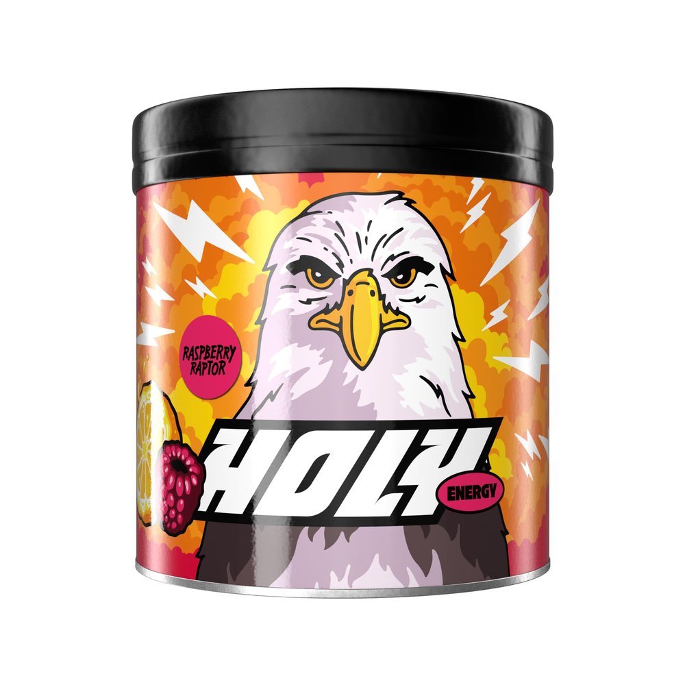 HOLY Energy Gaming Booster Flavour Powder | 50 portions with NewCaff & Green Tea Extract | Focus Booster - Focus Drink | Vegan with 100% natural fruit flavours (350 grams, Raspberry Raptor)