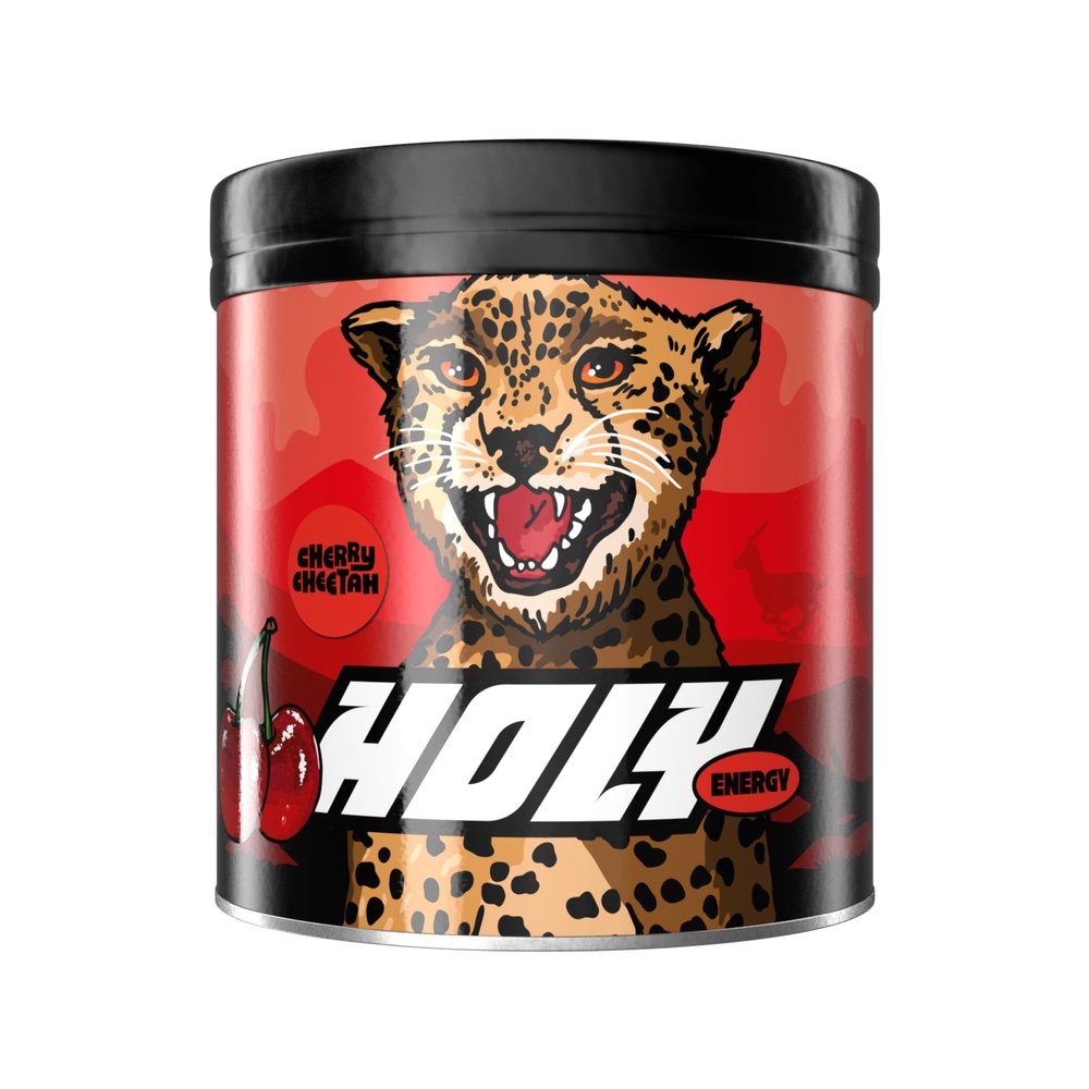 HOLY Energy Gaming Booster Flavour Powder | 50 portions with NewCaff & Green Tea Extract | Focus Booster - Focus Drink | Vegan with 100% natural fruit flavours (350 grams, Cherry Cheetah)