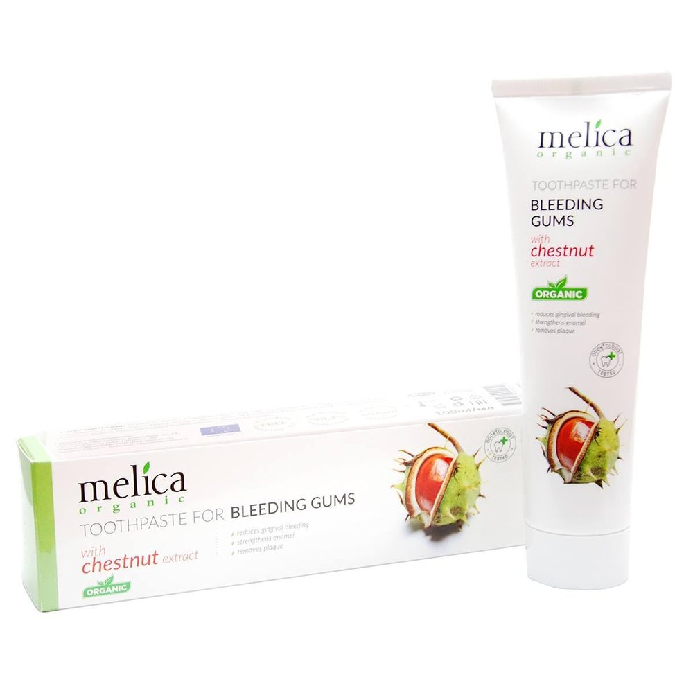 MELICA ORGANIC Organic 98% Natural Organic TOOTHPASTE at Bleeding Gums with CHESTNUT EXTRACT, XYLITOL and KALIDENT-CALCIUM without Fluoride, SLS, SLES, parabens, antiseptics 100g