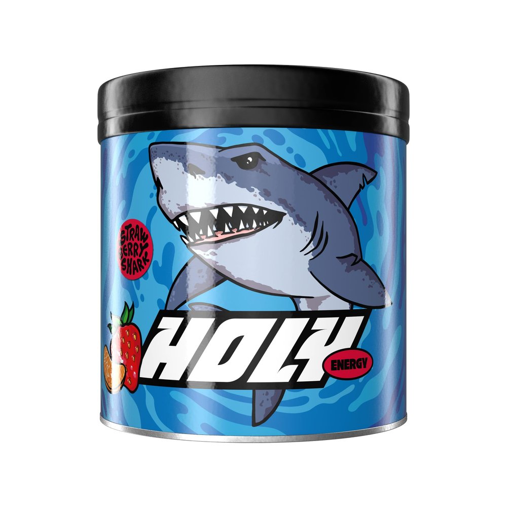 HOLY Energy Gaming Booster Flavour Powder | 50 portions with NewCaff & Green Tea Extract | Focus Booster - Focus Drink | Vegan with 100% natural fruit flavours (350 Grams, Strawberry Shark)
