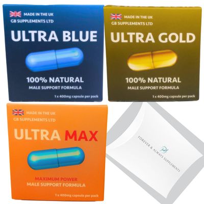 3 X 400mg high Strength Tablets Ultra Blue, Max & Gold Bundle - 100% Natural - Stamina, Endurance & Drive Support for Men, Maca, Ginseng & More