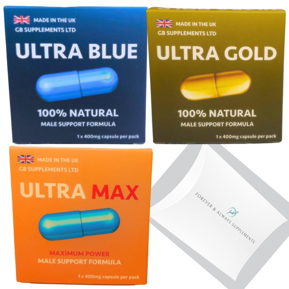 3 X 400mg high Strength Tablets Ultra Blue, Max & Gold Bundle - 100% Natural - Stamina, Endurance & Drive Support for Men, Maca, Ginseng & More