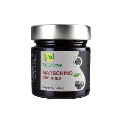Ved Gourmet Original Black Maraschino Cherries - Italian Cherry for Old-Fashioned Cocktails - Vegan Cocktail, Bourbon Cherries in Natural Syrup for Cocktail Garnish,300G