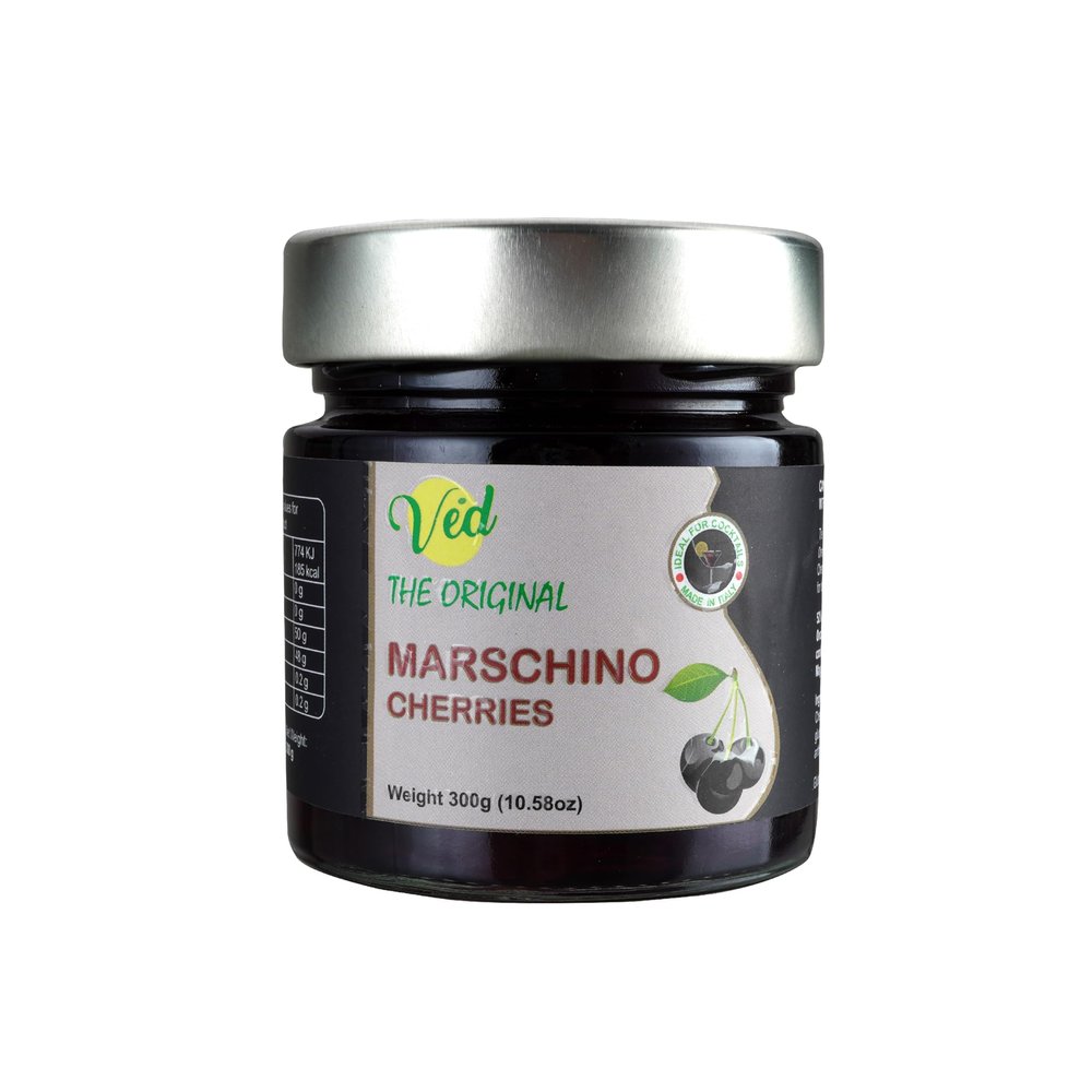 Ved Gourmet Original Black Maraschino Cherries - Italian Cherry for Old-Fashioned Cocktails - Vegan Cocktail, Bourbon Cherries in Natural Syrup for Cocktail Garnish,300G