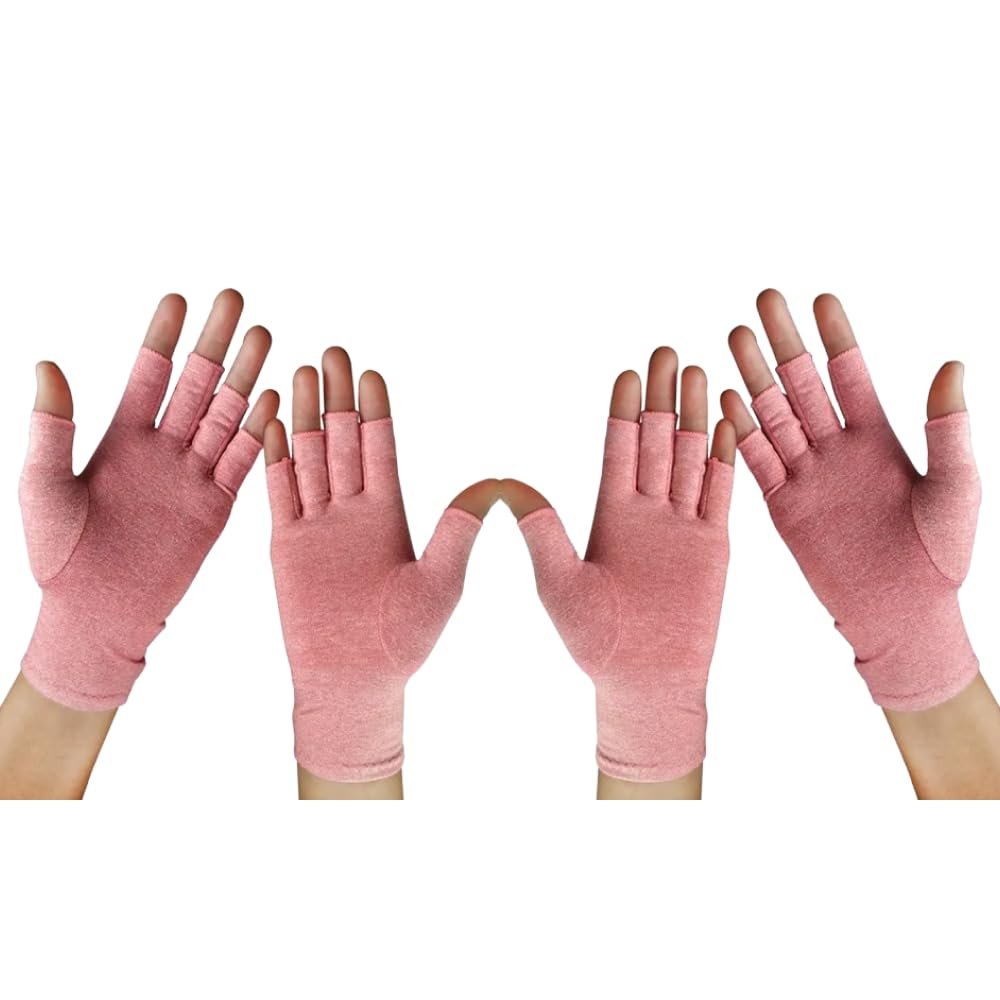 2Pairs Arthritis Compression Gloves for Men & Women | Wrist Support Open Finger Gloves | Hand Therapy Carpal Tunnel Gloves, Breathable Moisture Wicking Fabric, Relieve Arthritis Pain | Pink (M)