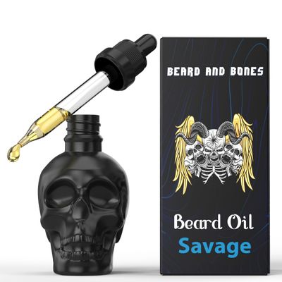 Beard and Bones - 60ml Beard Oil for Men | Nut Free | Natural Carrier Oils of Jojoba, Squalane and Sea Buckthorn Oil | Black Glass Skull | Choice of 6 Scents (Savage)