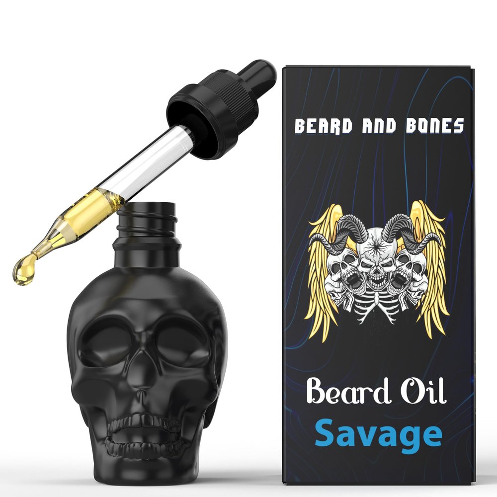 Beard and Bones - 60ml Beard Oil for Men | Nut Free | Natural Carrier Oils of Jojoba, Squalane and Sea Buckthorn Oil | Black Glass Skull | Choice of 6 Scents (Savage)