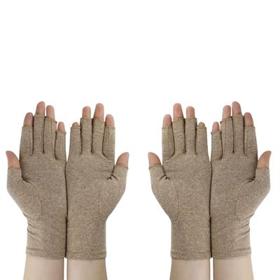 2Pairs Arthritis Compression Gloves for Men & Women | Wrist Support Open Finger Gloves | Breathable Moisture Wicking Fabric, Hand Therapy Carpal Tunnel Gloves, Relieve Arthritis Pain | Brown (L)