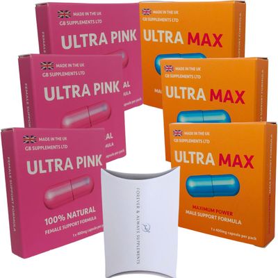 3 x Ultra Max Blue & Ultra Pink Tablets for Men and Women Bundle  Strong Natural Supplements for Couples! Endurance & Drive Support! Contains Maca, Ginseng