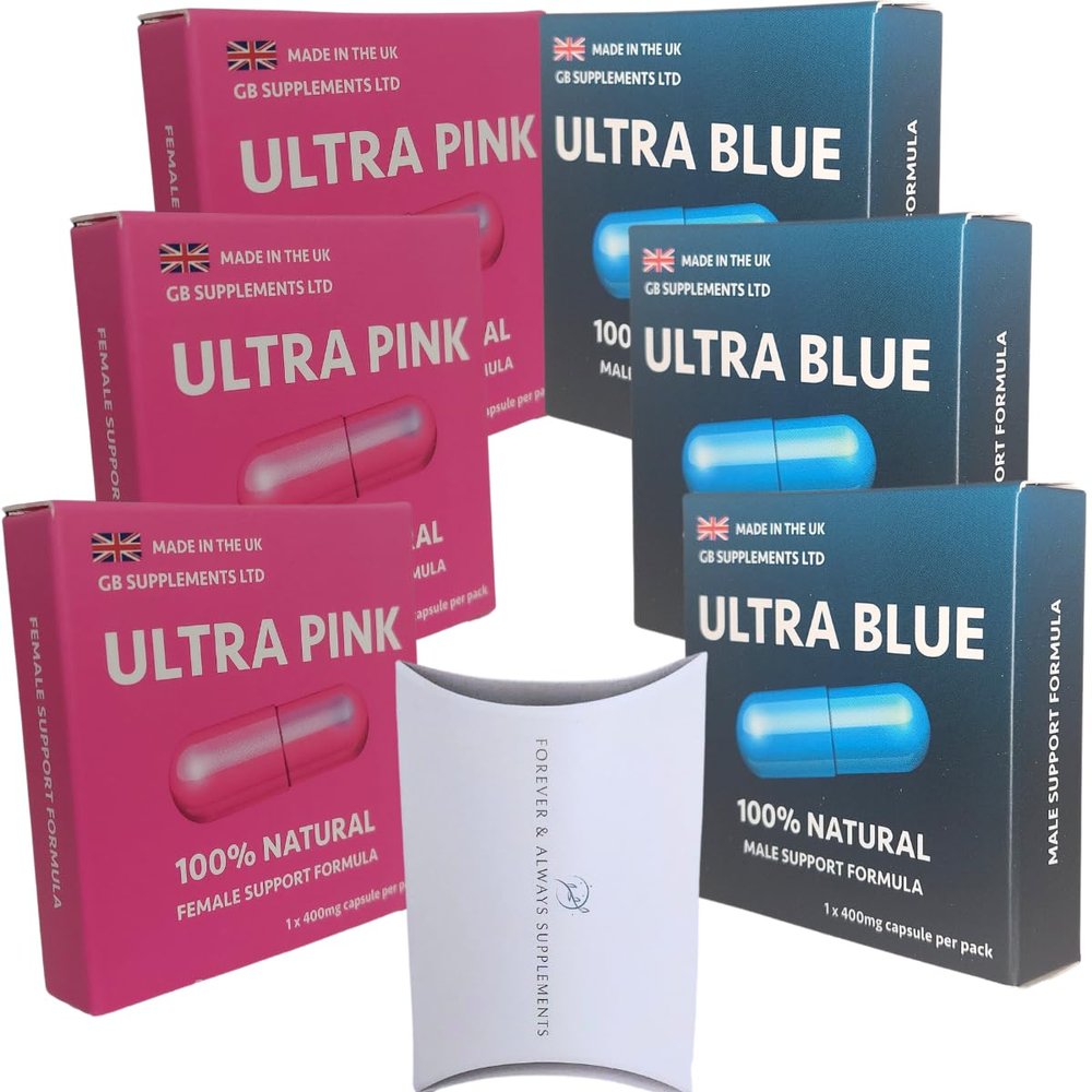 3 x Ultra Blue & Ultra Pink Capsules for Men and Women Bundle - Strong Natural Support for Couples! Contains Maca, Ginseng