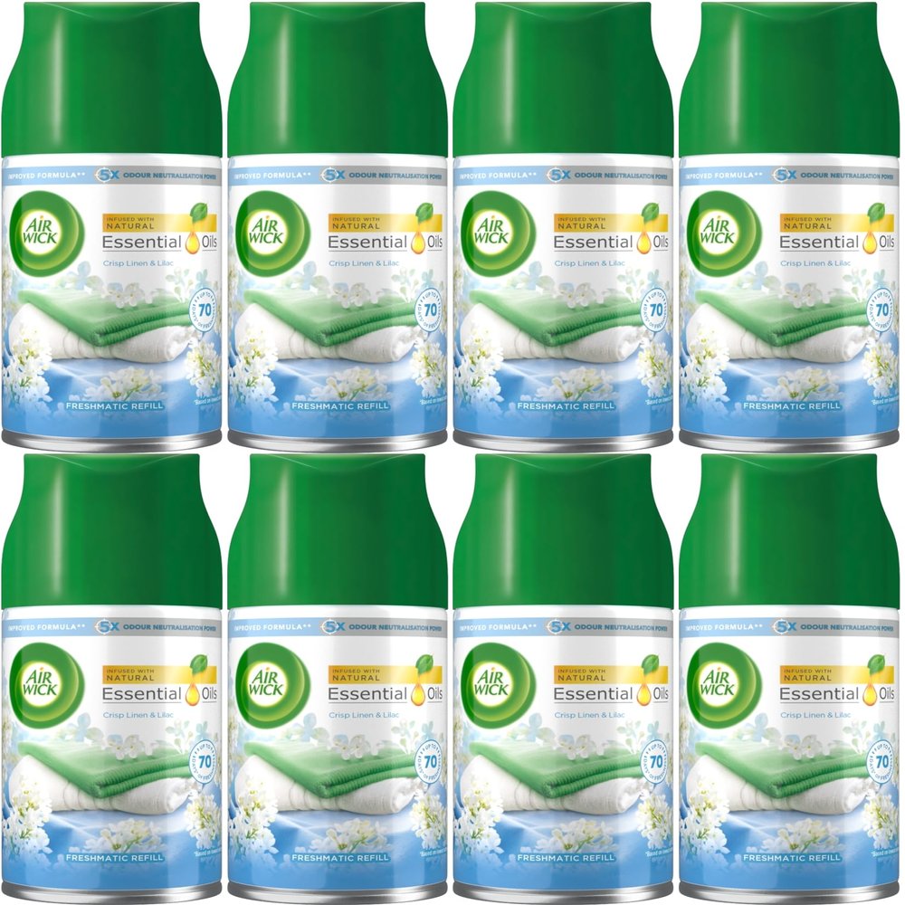 Air Wick Freshmatic Refill, Crisp Linen & Lilac, Pack 8 x 250ml, Infused with natural essential oils, Lasts up to 560 days, Air freshener