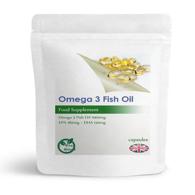 Omega-3 Fish Oil 1000mg Capsules (EPA 180mg & DHA 120mg Fatty Acids) Healthy Heart, Brain and Blood (Pack of 180)