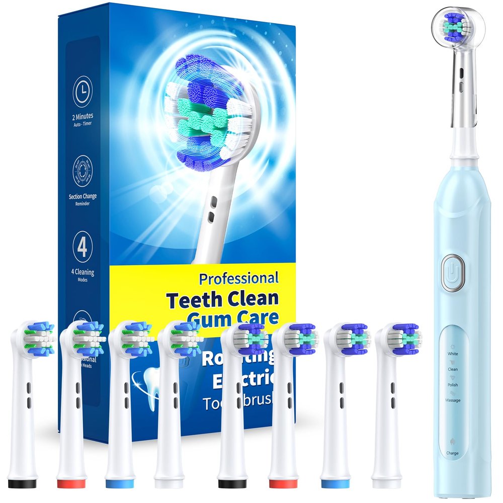 Rotating Electric Toothbrush for Adults with 8 Brush Heads (2 Types), 4 Modes Deep Clean Electric Toothbrush with Rechargeable Power and 2 Min Smart Timer Blue