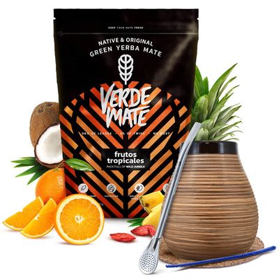 Verde Mate Green Frutos Tropicales yerba mate set with accessories | Fruit yerba mate | Calabash, bombilla and accessories | Natural caffeine | Brazilian yerba mate | 500g | 0.5kg