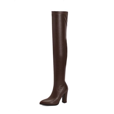 WOkismD 10CM/3.93IN Women's Over-The-Knee High Boots Pointed Toe Thick Heel Medium Heel Thigh Fashion Formal Boots Zipper Long Boots,Brown,37