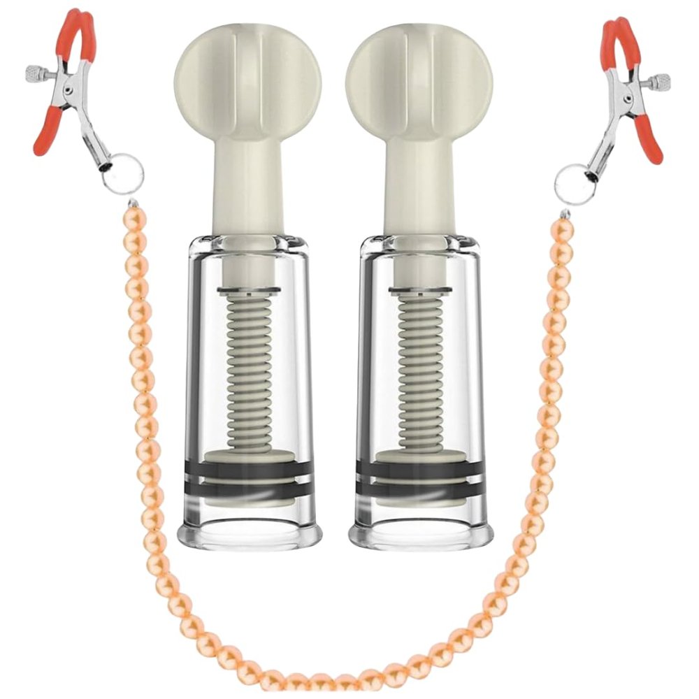 Nipple Suckers and Pearl Body Chain with Nipple Clips Clamps Stainless Steel Non Piercing Nipple Rings Decorative Clip Adult for Pleasure Toys for Women/Men Adjustable Pressure Breast Clamps (Orange)