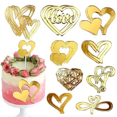 mdgfge 18 Pcs Acrylic Minimalist Love Heart Cake Topper Gold Wedding Cake Toppers Cake Decorations for Valentine's Day Anniversary Engagement Birthday Party Supplies