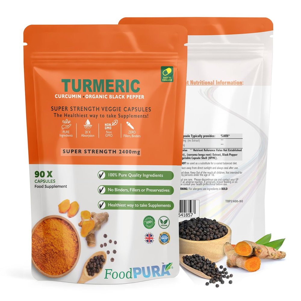 FoodPURA 90 X Turmeric with Black Pepper Capsules High Strength 2400mg HACCP Certified, Manufactured in The UK by FoodPURA (90)