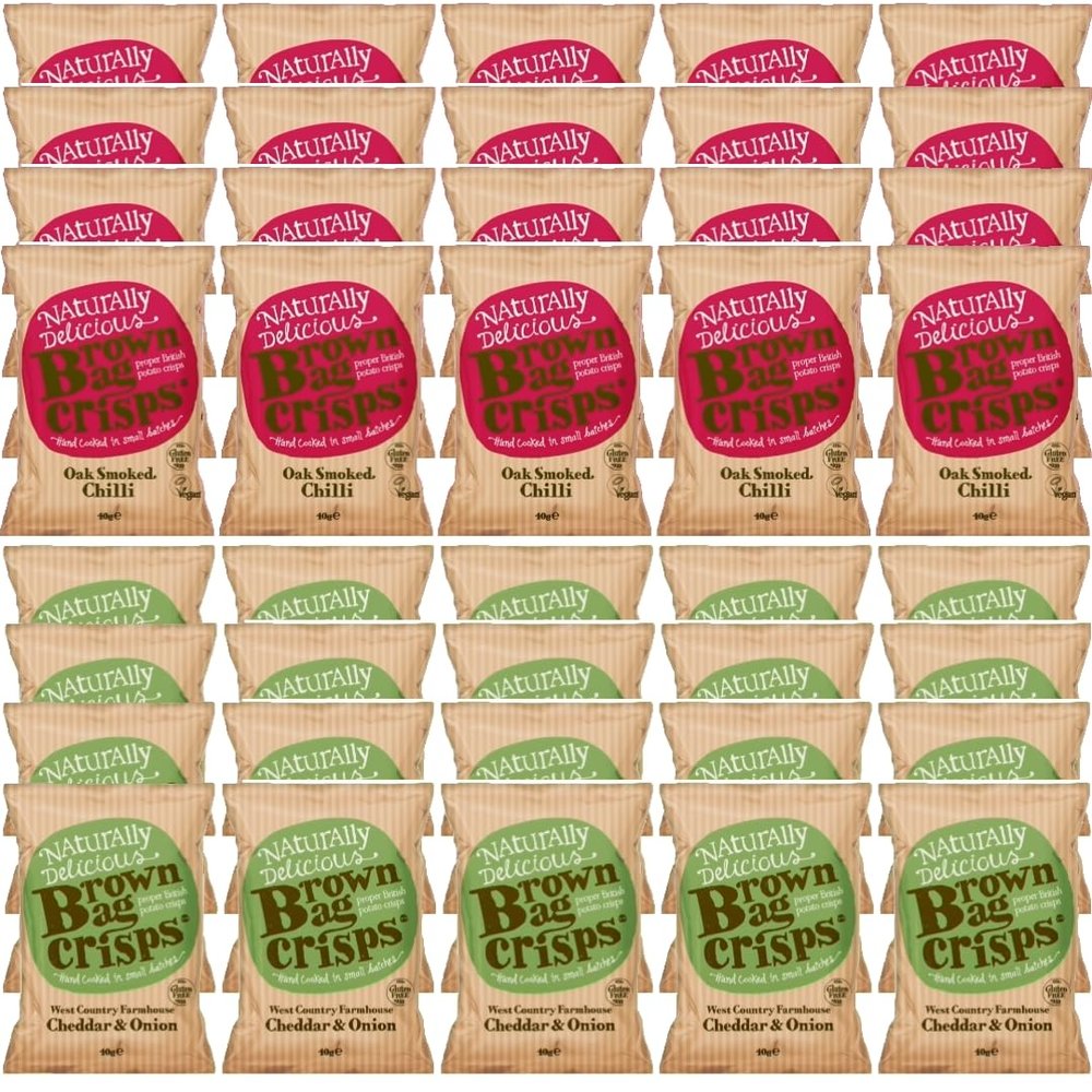 Brown Bag Oak Smoked Chilli Crisps and West Country Cheddar & Onion Crisps (2 Boxes)