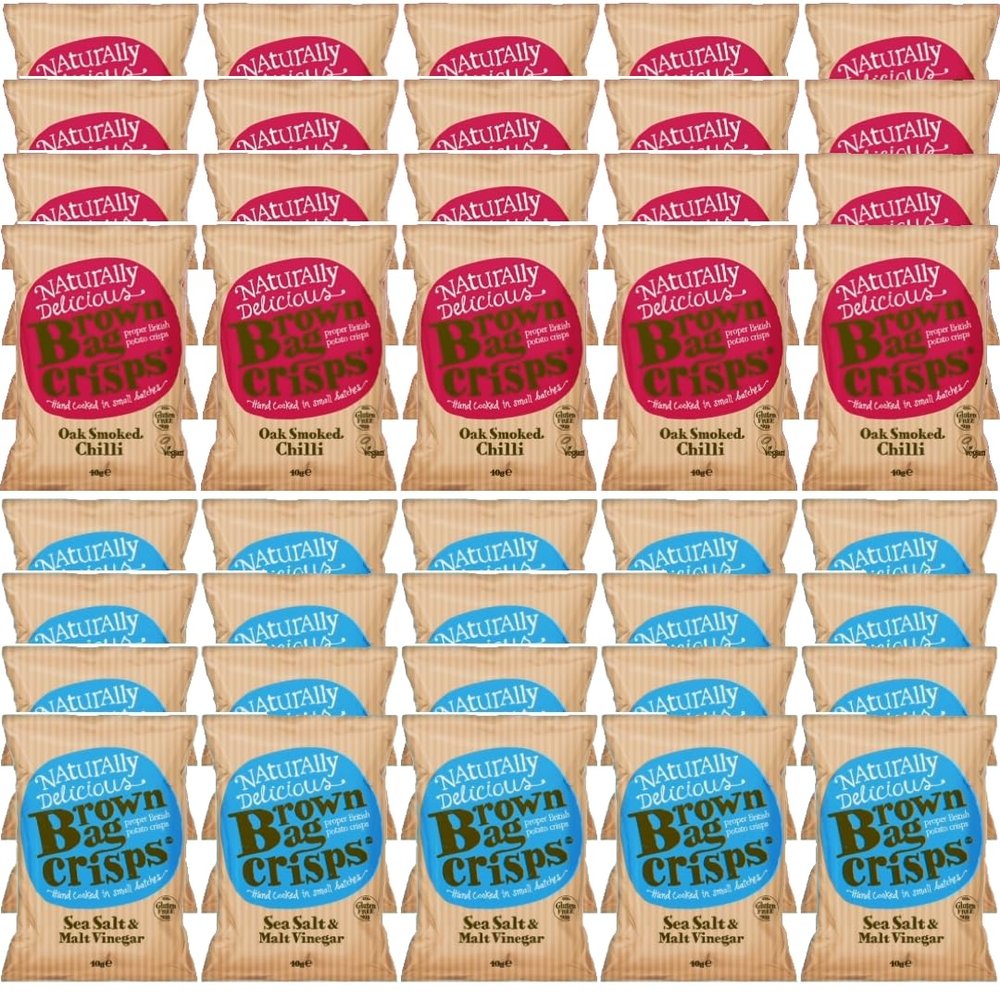 Brown Bag Oak Smoked Chilli Crisps and Sea Salt & Malt Vinegar Crisps (2 boxes)