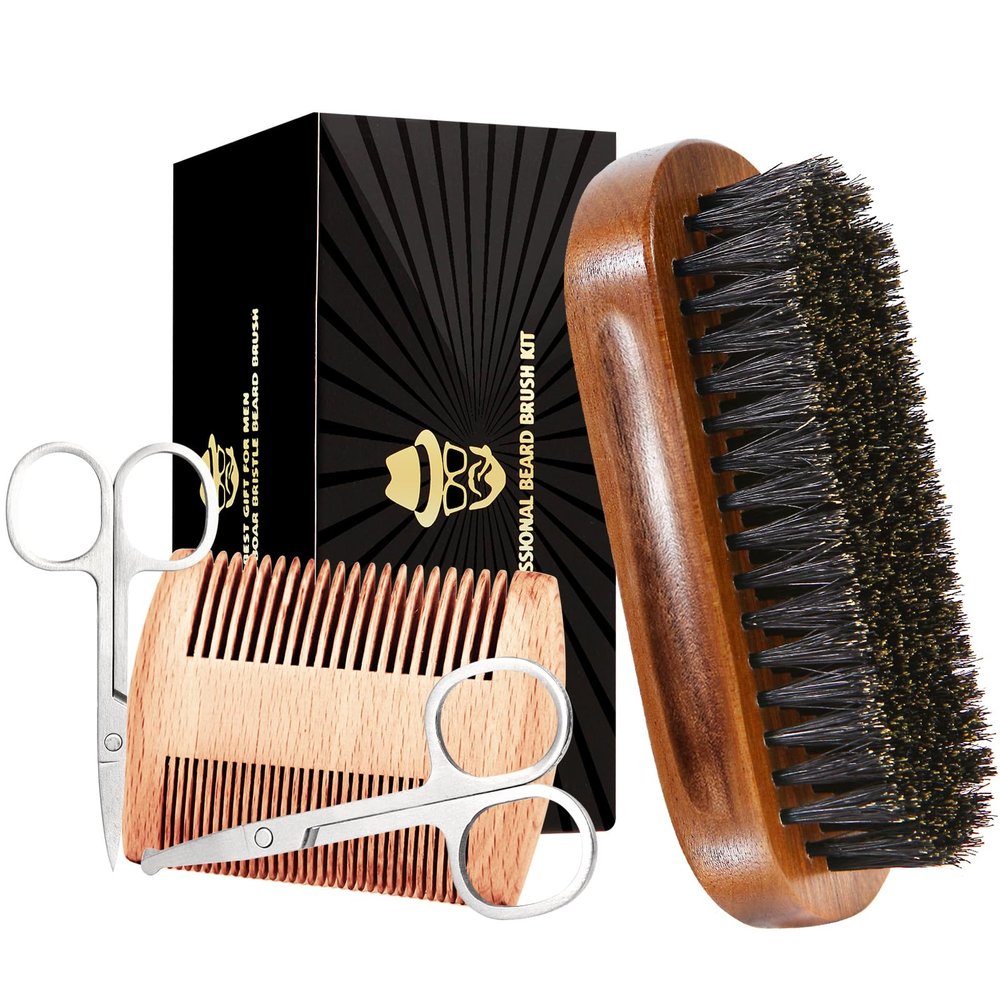 Beard Brush for Men, Boar Bristle Black Walnut Wood Beards and Mustaches Grooming Set Including 100% Pure Boar Bristle Beard Brush, Beard Comb, Mustache Scissors, and Travel Bag