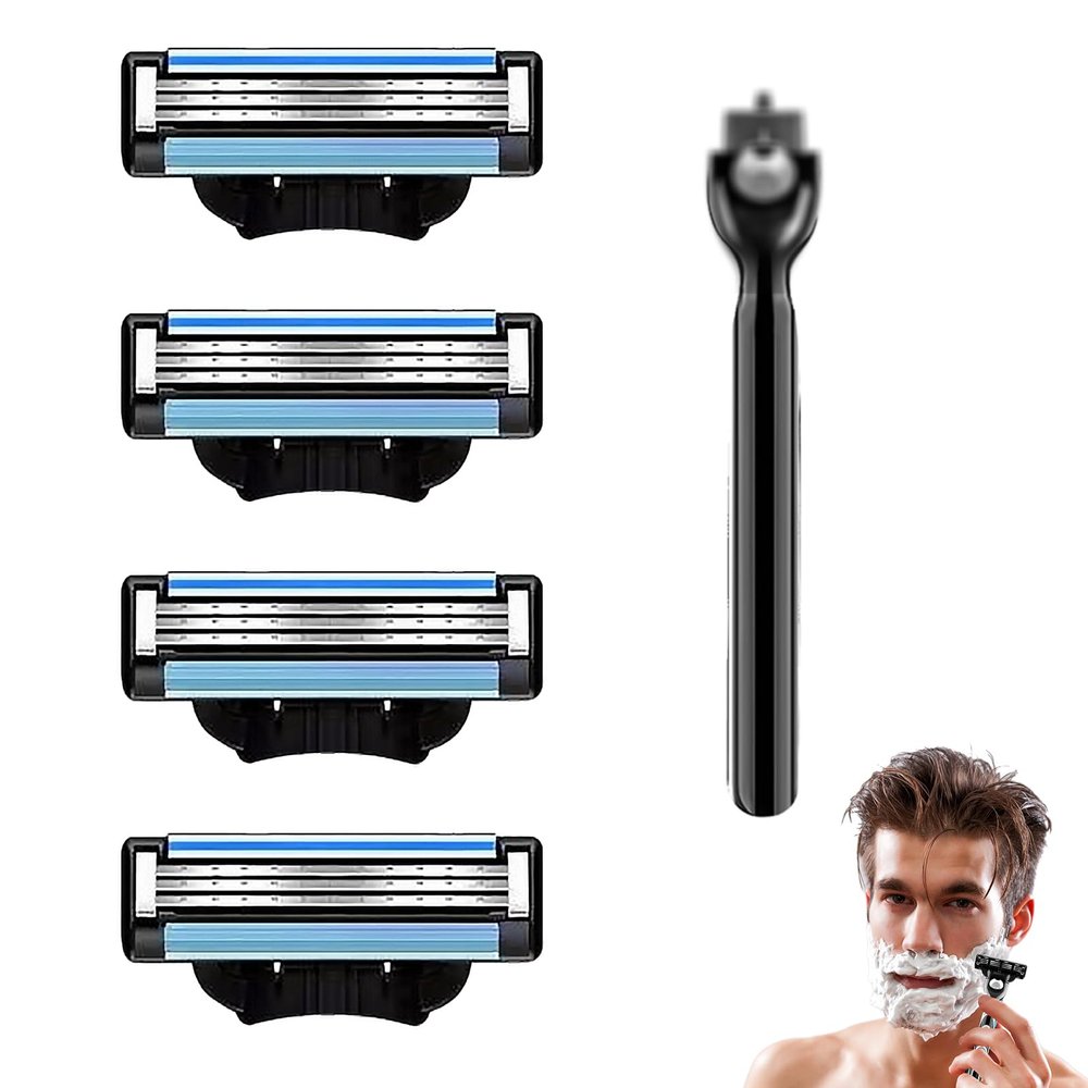 4Pcs Razor Blades Refills with 1 Handle Razors for Mach 3 Blades Replacement Blade with Double Lubrication Strip Compatible with Mach 3 Handles Shaving Manual Shaver Blade Men Father Boyfriend