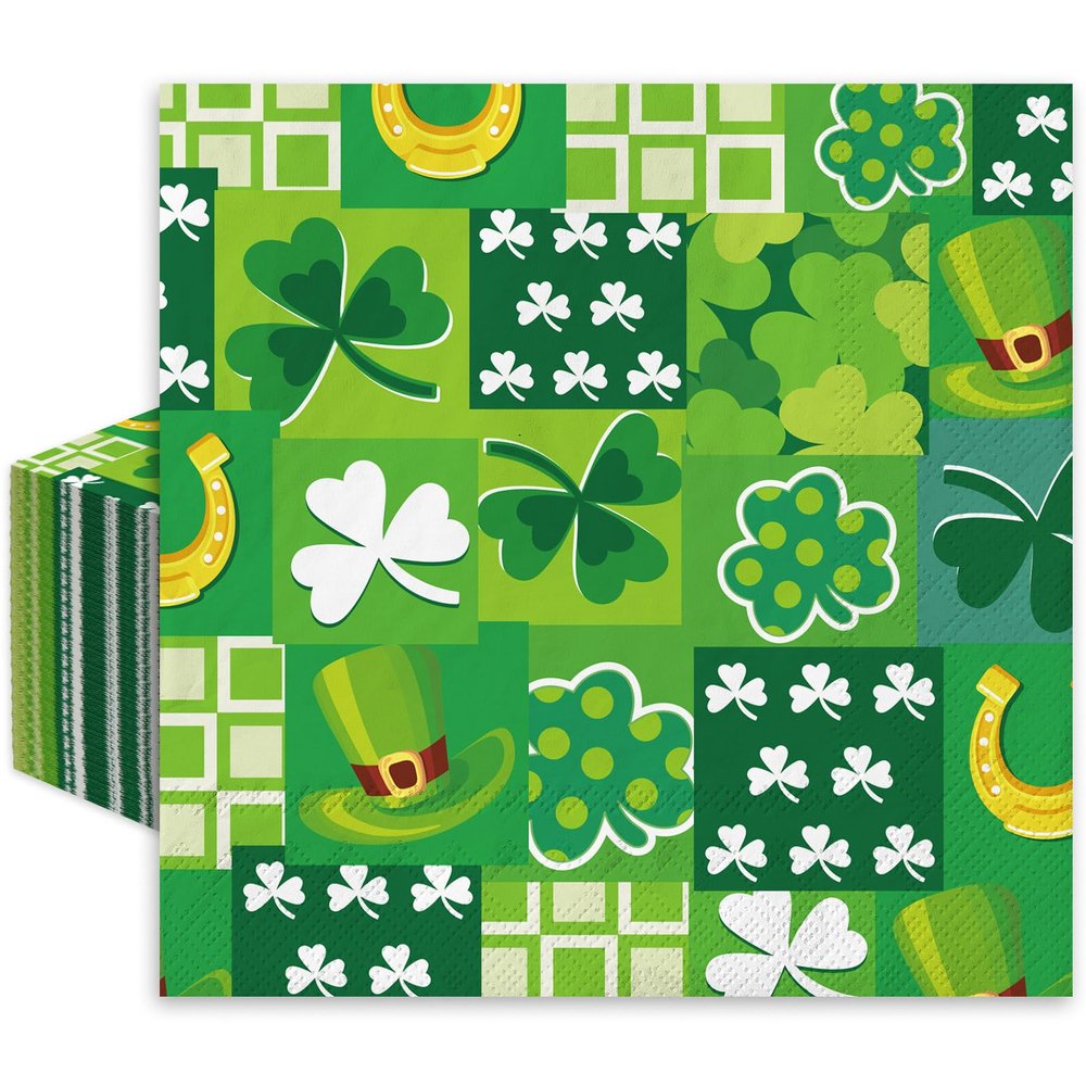 JarThenaAMCS 80pcs St. Patrick's Day Napkins - White, Green - Paper - Multi-Ply - Festive Disposable Napkins