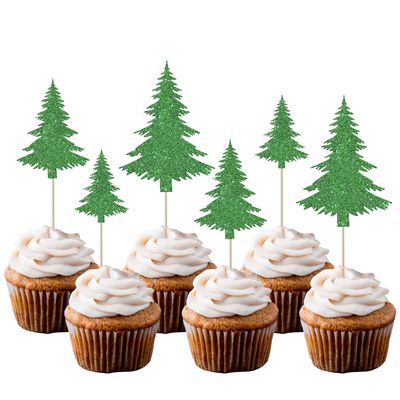 Rsstarxi 24 Pack Glitter Christmas Tree Cupcake Toppers 3 Designs Watercolor Assorted Xmas Green Cupcake Toothpicks for Christmas Winter Holiday Baby Shower Party Cake Decorations