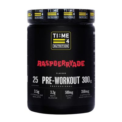 Time 4 Pre Workout Professional High Strength Vegan Pre Workout Powder for Men & Women Energy Drink Zero Sugar with L Citrulline Malate, Beta Alanine, L-Tyrosine, Alpha GPC, Theacrine (Raspberryade)