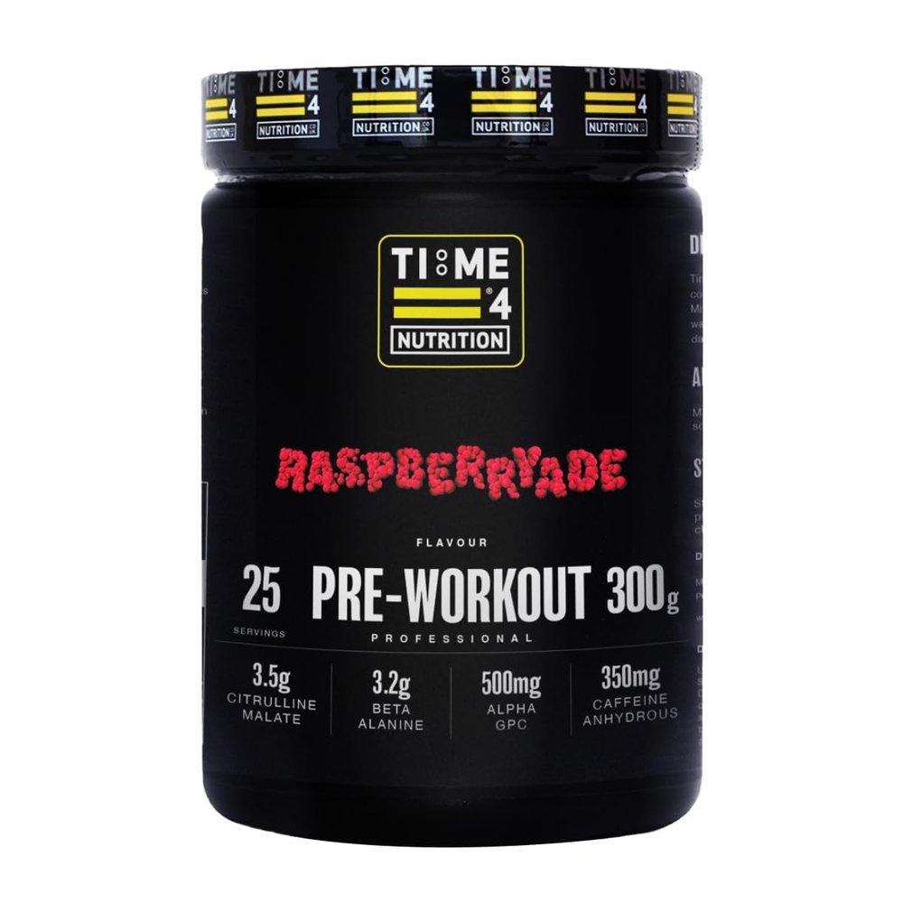 Time 4 Pre Workout Professional High Strength Vegan Pre Workout Powder for Men & Women Energy Drink Zero Sugar with L Citrulline Malate, Beta Alanine, L-Tyrosine, Alpha GPC, Theacrine (Raspberryade)