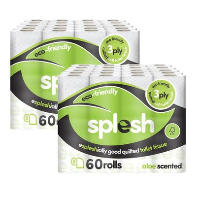 Splesh by Cusheen Toilet Roll 120 Rolls - Aloe Vera Scent Bulk Family Pack | Soft 3 Ply Quilted Bathroom Tissue Loo Rolls | Eco-Friendly, Sustainable Toilet Paper