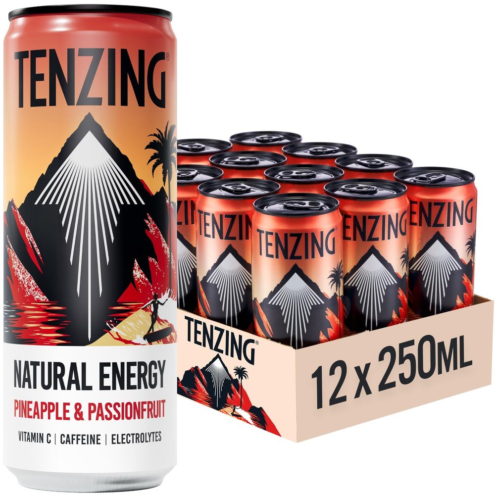 TENZING Natural Energy Drink, Plant Based, Vegan, & Gluten Free Drink, Pineapple & Passionfruit, 250ml (Pack of 12) - Packaging may vary