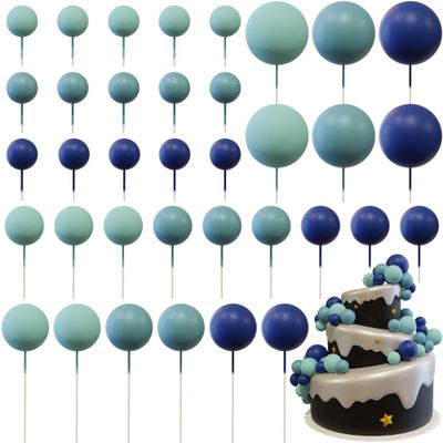 Ball Cake Decorations 33 Pcs Blue/Royal blue/Light blue Balls DIY Cake Topper Mini Balloons Cupcake Topper Foam Cake Balls Decoration for Anniversary/Birthday/Halloween/New Year (Blue)
