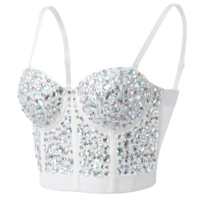 Women's Corset Bustier Bra Lingerie Tank Top Crop Top Corsage Clubwear Shirt Undershirt Top Beaded Rhinestone Spaghetti Straps Party Going Out Y2k Fashion Crop Top, P White, Large