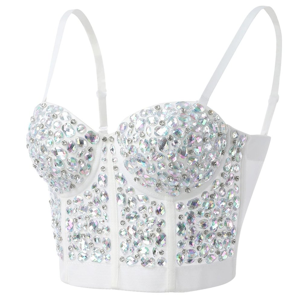 Women's Corset Bustier Bra Lingerie Tank Top Crop Top Corsage Clubwear Shirt Undershirt Top Beaded Rhinestone Spaghetti Straps Party Going Out Y2k Fashion Crop Top, P White, Large