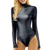 KBOPLEMQ Women's Shiny Ballet Leotard Sports Dance Body Leotard Long Sleeve Bodysuit Metallic Wetlook One-Piece Leotards Jumpsuit Patent Leather Tops Costume, O Black, XL view 1