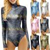 KBOPLEMQ Women's Shiny Ballet Leotard Sports Dance Body Leotard Long Sleeve Bodysuit Metallic Wetlook One-Piece Leotards Jumpsuit Patent Leather Tops Costume, O Black, XL view 2