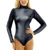 KBOPLEMQ Women's Shiny Ballet Leotard Sports Dance Body Leotard Long Sleeve Bodysuit Metallic Wetlook One-Piece Leotards Jumpsuit Patent Leather Tops Costume, O Black, XL view 3