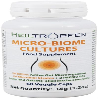 Micro-Biome Cultures | Digestive Probiotic + Prebiotic | 24 Strains | 20 Billion CFU | 60 Capsules | Active Gut | Inulin and GOS | Food Supplement | Third-Party Tested | Heiltropfen