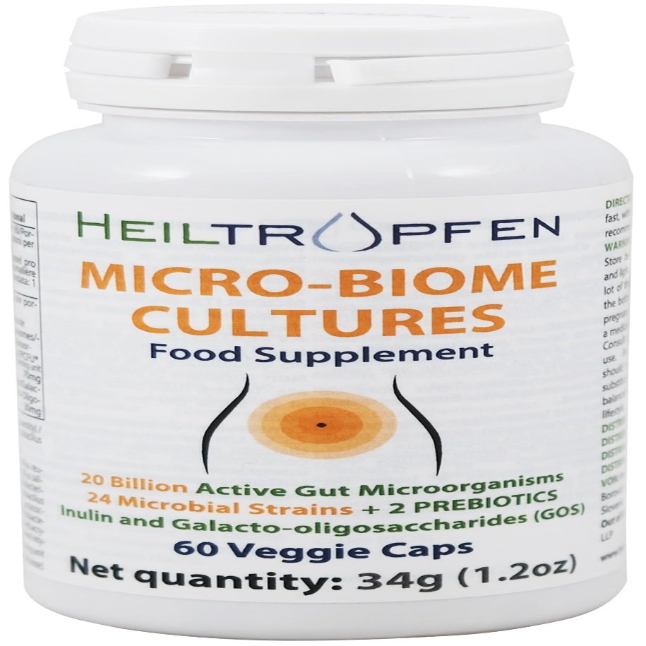 Micro-Biome Cultures | Digestive Probiotic + Prebiotic | 24 Strains | 20 Billion CFU | 60 Capsules | Active Gut | Inulin and GOS | Food Supplement | Third-Party Tested | Heiltropfen