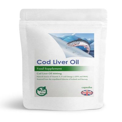 Cod Liver Oil 1000mg Capsules, Natural Omega-3 for Healthy Joints, Skin, Heart and Brain (Pack of 60)