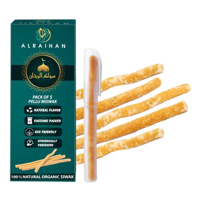 Al Raihan 5 Pcs Miswak Sticks with Holder for Cleaning Teeth - Vacuum Sealed Natural Flavored Tooth Brush - Traditional Chew Sticks for Teeth Whitening, Oral Health & Fresh Breath || Pack of 5