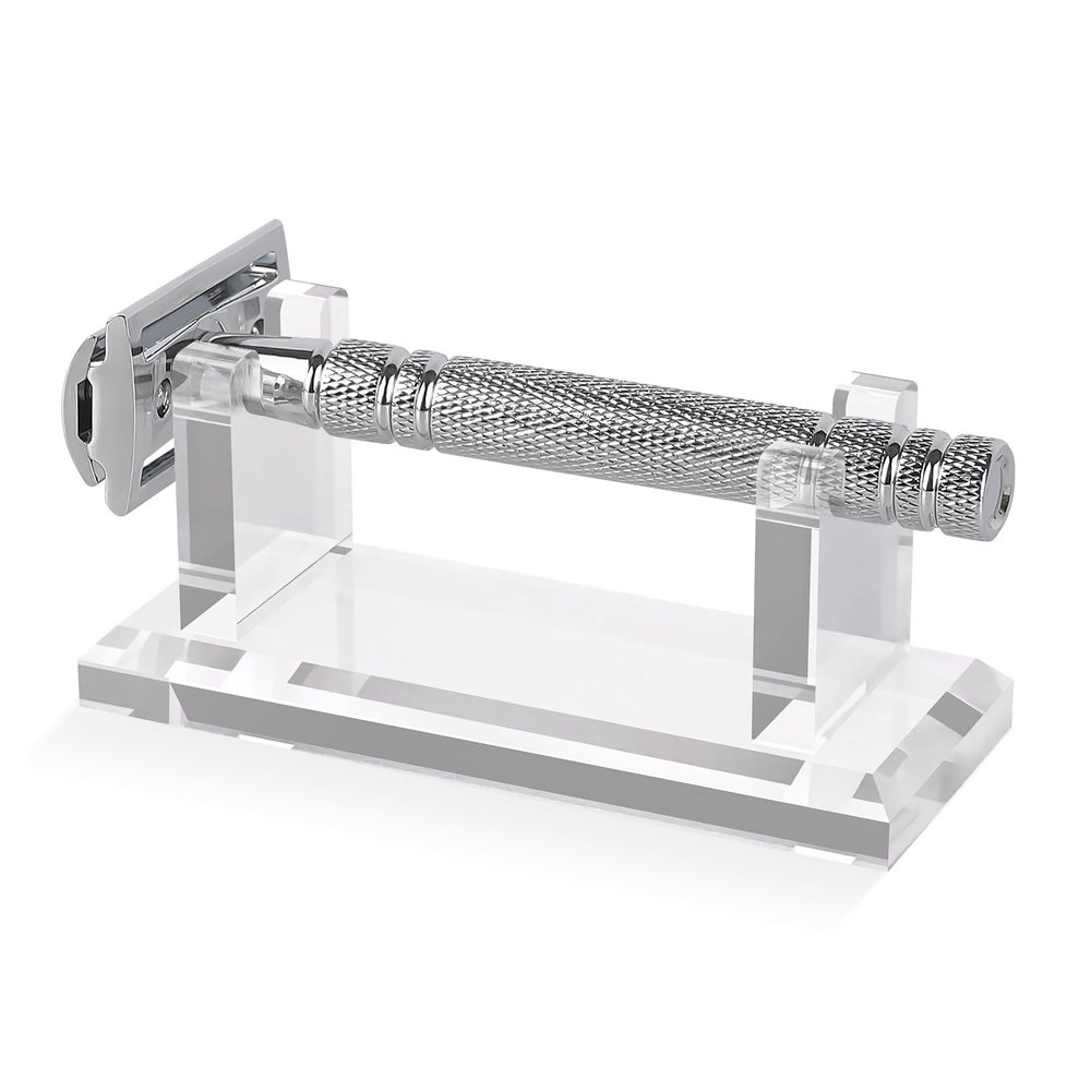 Linkidea Acrylic Men's Razor Stand Holder, Stable Storage Bracket Bathroom Countertop Organizer, Easy Clean, Compatible with Viking Blade Chief, MK-23C, Shaving Revolution (Clear)