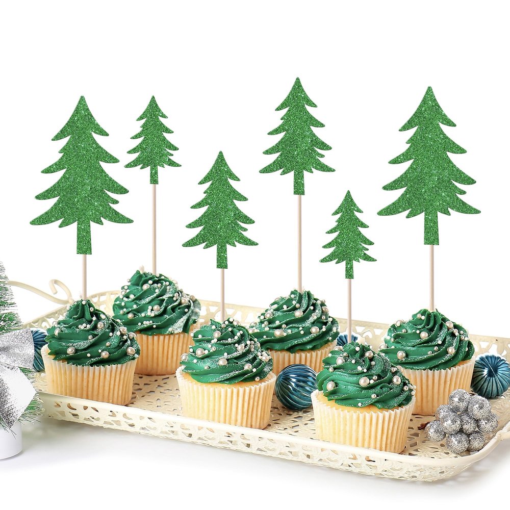 24 Pack Christmas Tree Cupcake Toppers Glitter Christmas Tree Cupcake Picks Merry Christmas Cupcake Decorations New Year Holiday Baby Shower Kids Birthday Party Supplies Green 2