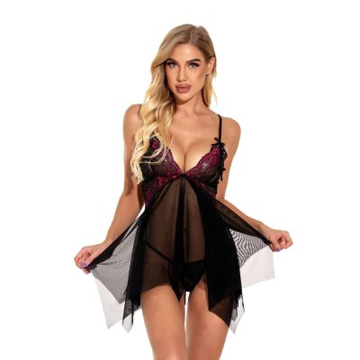 GRAYDREAM Ladies See-through Sexy Lingerie Lace Suspender Sexy Nightgown Set (Wine Red,XXL)
