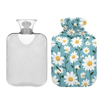 Hot Water Bottle with Soft Cover, 2L Winter Hot Water Bag for Menstrual Cramps, Neck, Shoulder, Back Pain Relief, Bed Hand Feet Warmer, Beautiful White Daisy Flowers